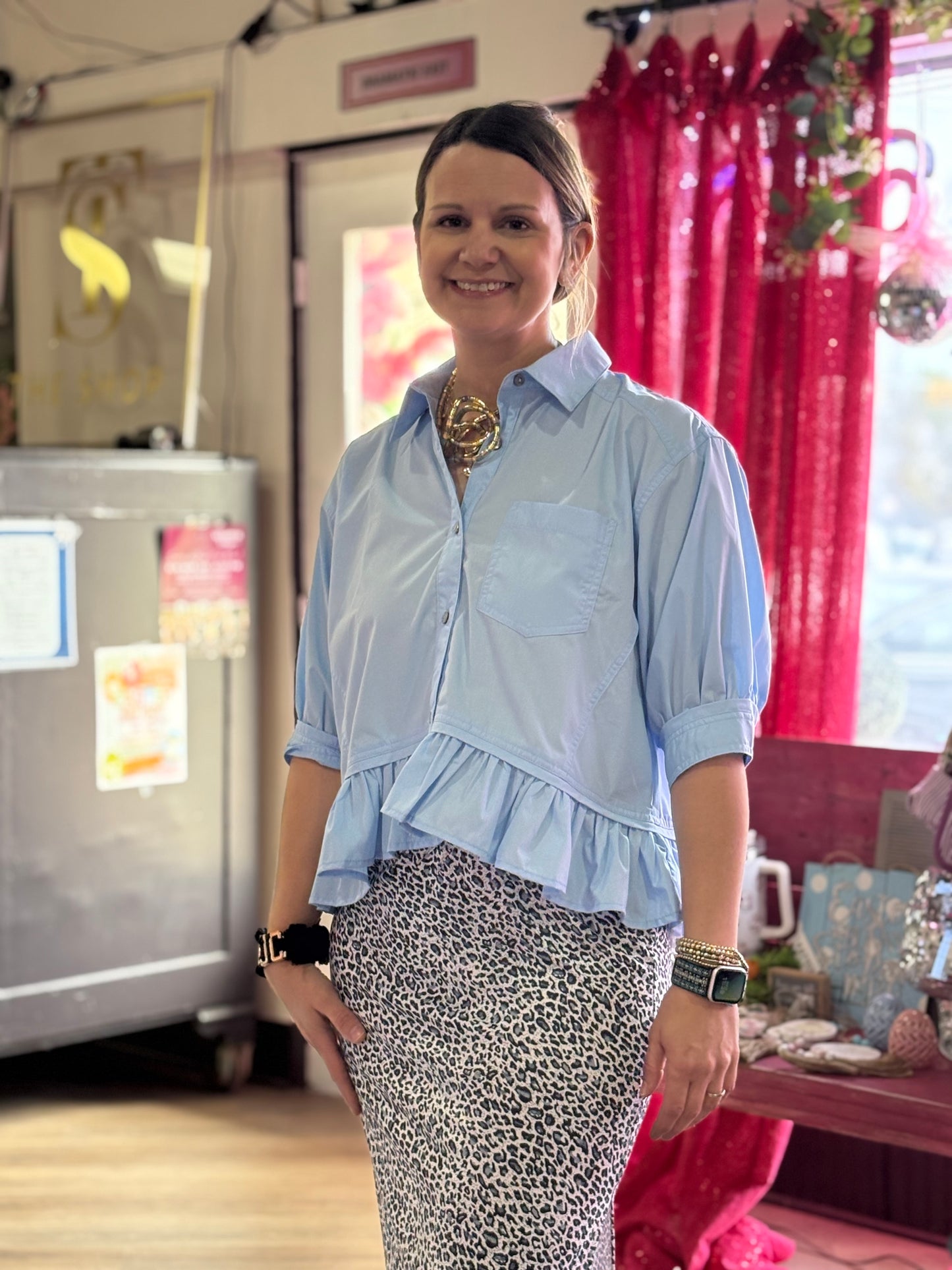 Solid Short Sleeve Ruffle Hem Button Down Top