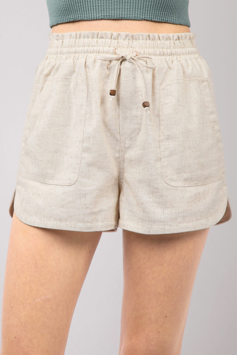 Oatmeal Elastic Waist Solid Linen Shorts