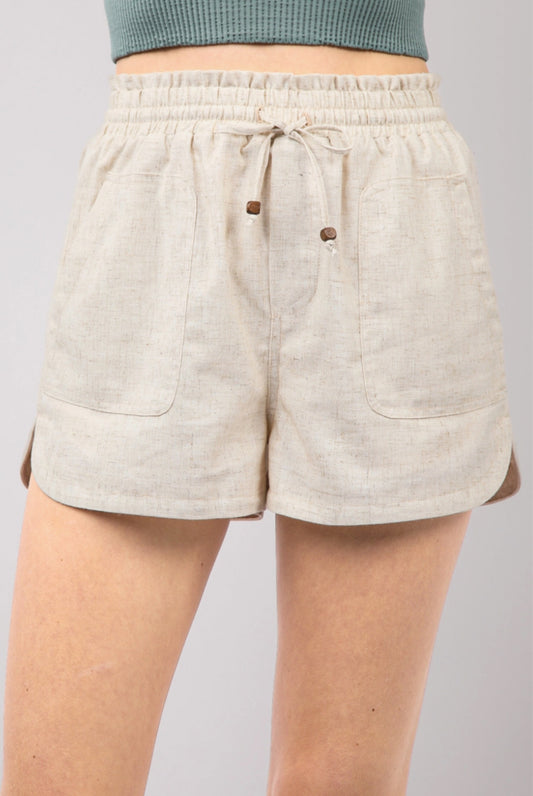 Oatmeal Elastic Waist Solid Linen Shorts