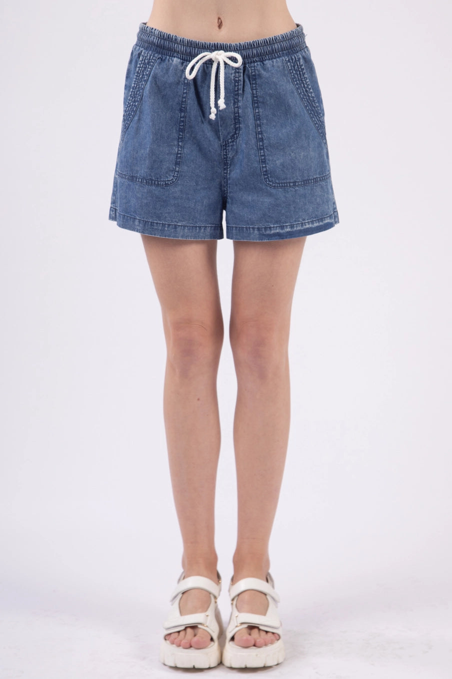 High Waist Washed Chambray Denim Shorts