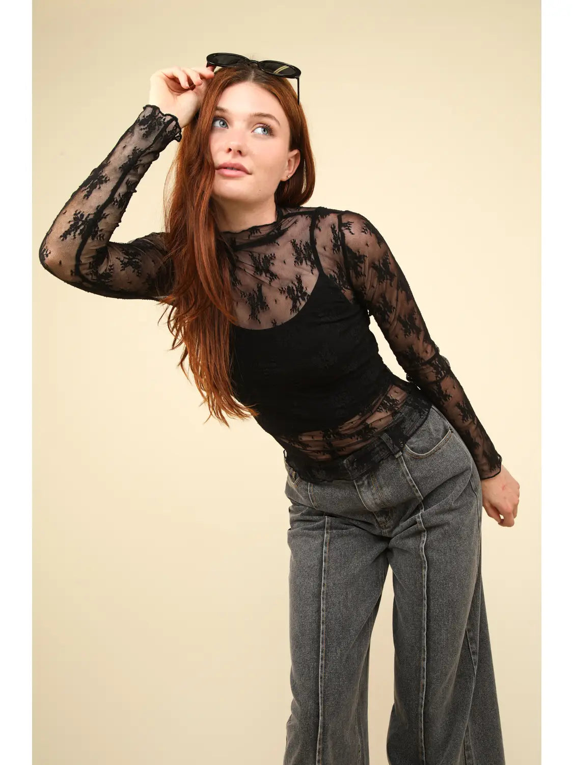 High Neck Fitted Sheer Mesh Lace Knit Top