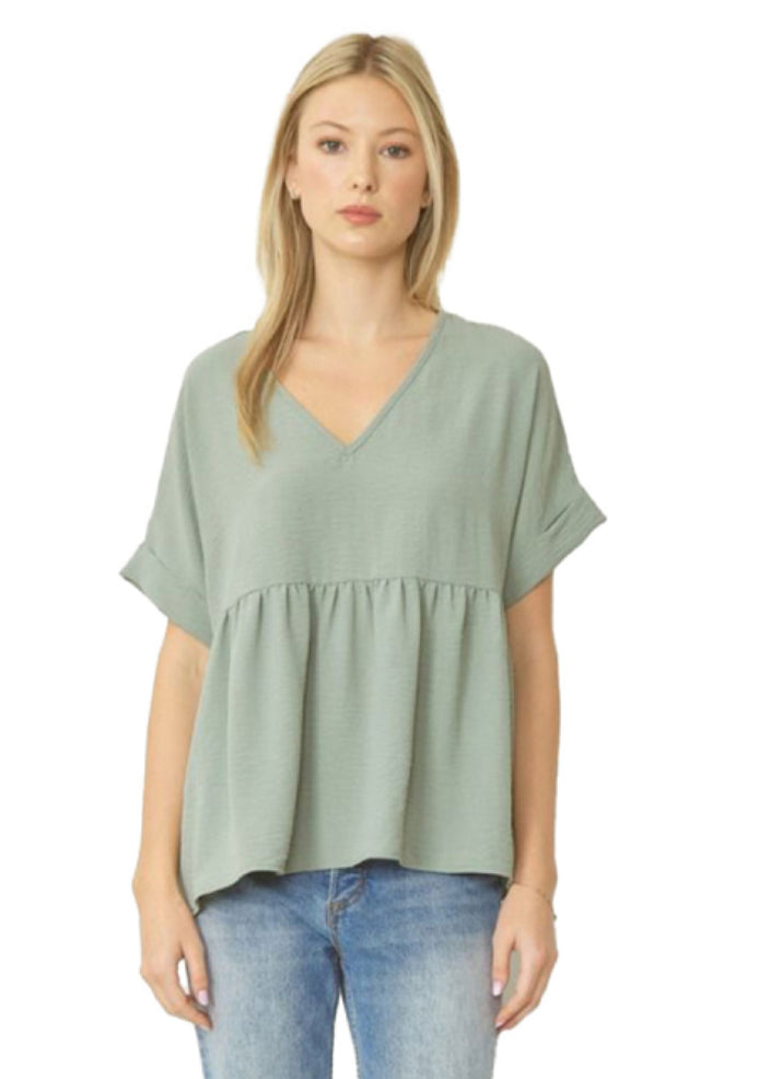 Sage V Neck Short Sleeve Babydoll Top