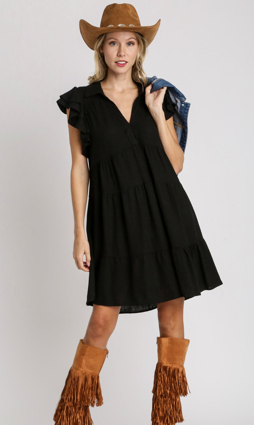 Black Linen Ruffle Sleeve Tiered Dress