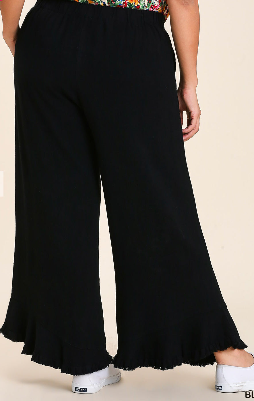 Linen Blend Wide Frayed Hem Pants - Black