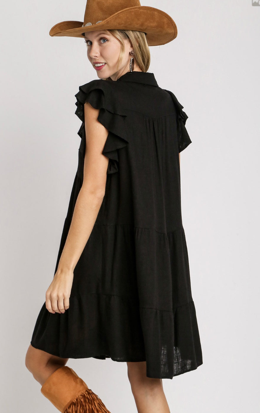 Black Linen Ruffle Sleeve Tiered Dress