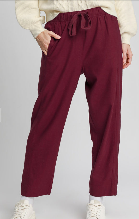 Linen Blend Pull-On Pants - Maroon