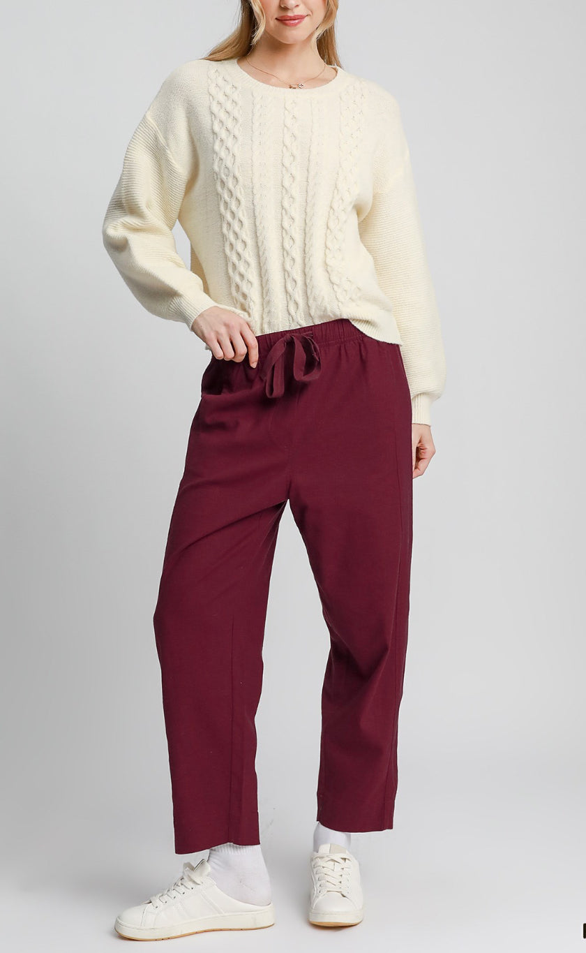 Linen Blend Pull-On Pants - Maroon