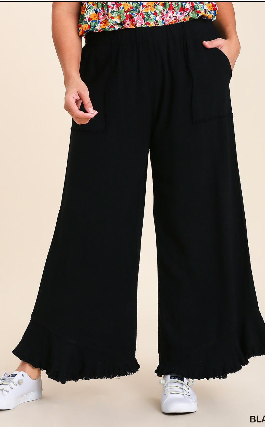 Linen Blend Wide Frayed Hem Pants - Black