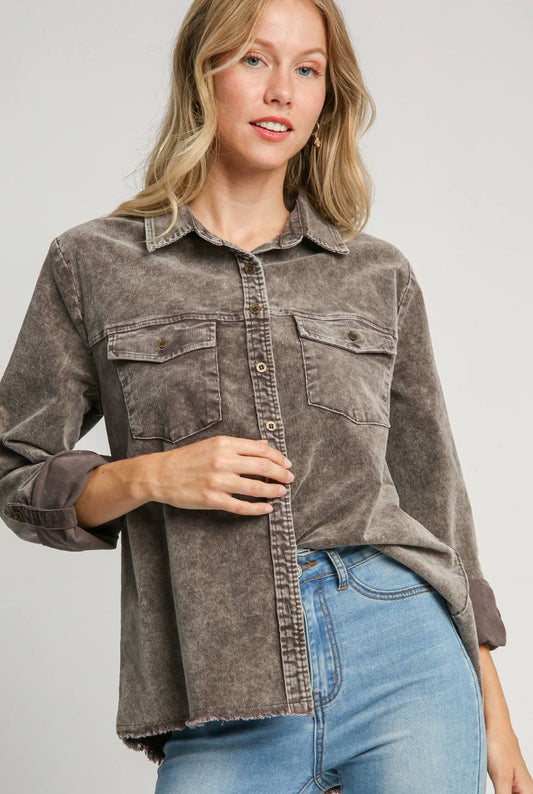 Stone Wash Collared Shirt Top