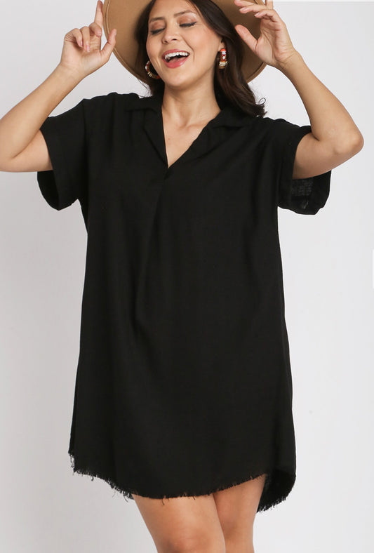 Linen Blend Short Folded Sleeve Collared Hi-Low Dress - Black Plus Size