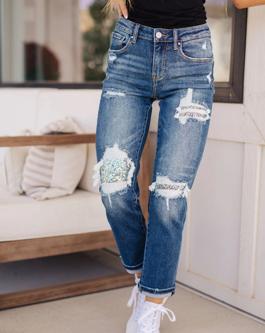Risen Sequin Patched Tapered Jeans
