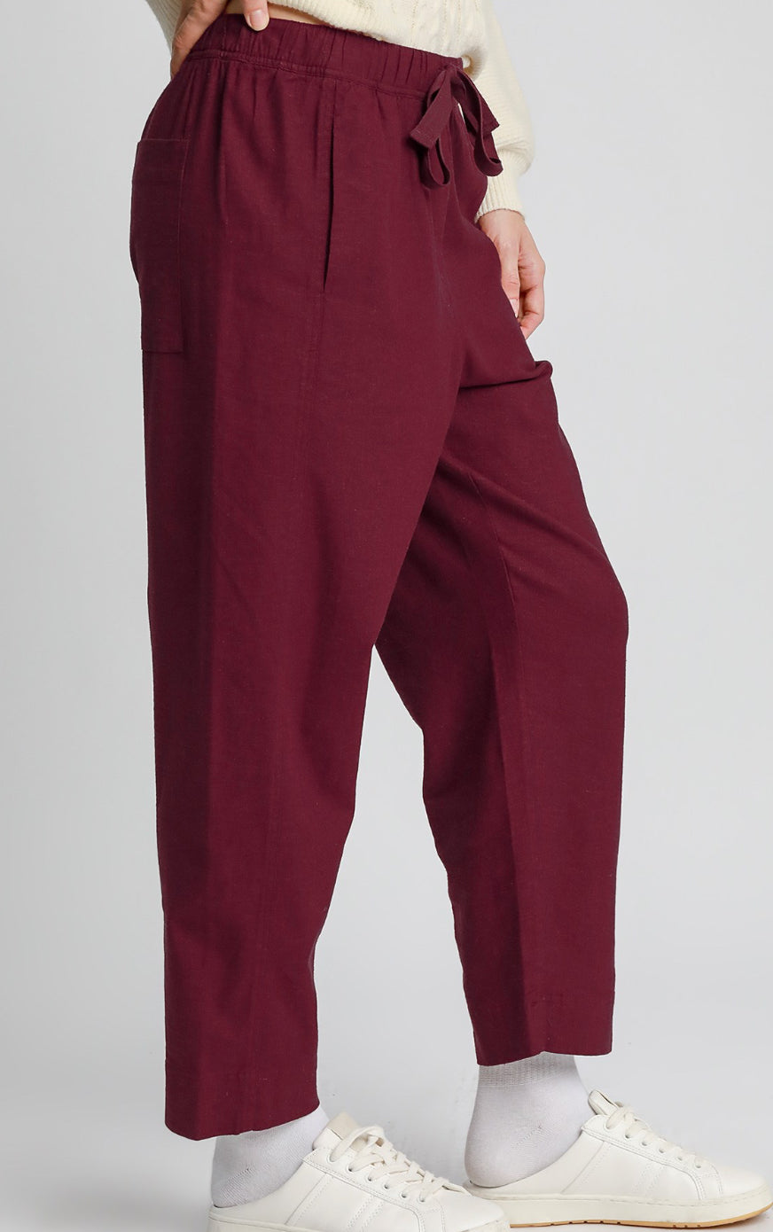 Linen Blend Pull-On Pants - Maroon