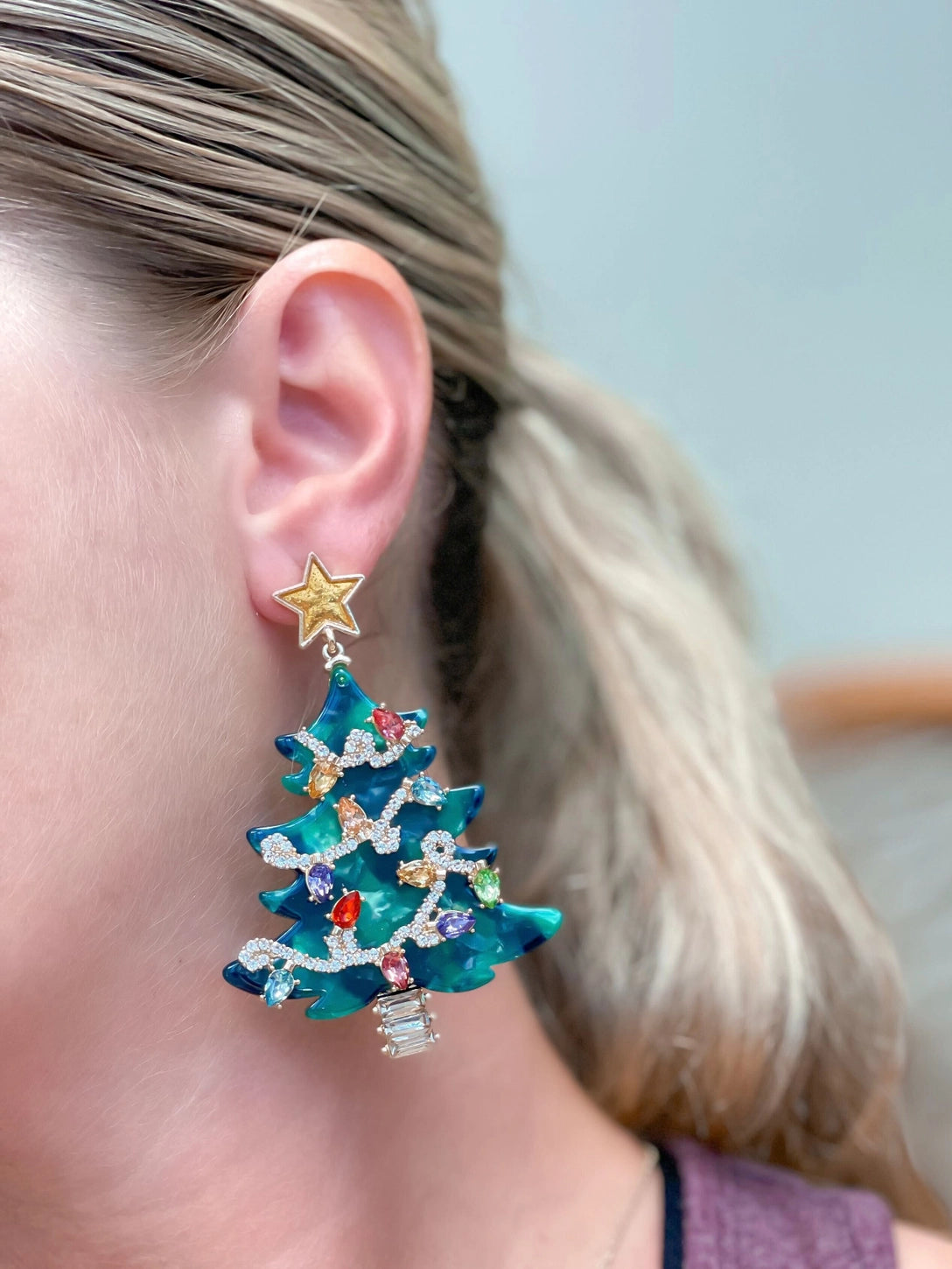 Decorated Rhinestone Christmas Tree Dangle Earrings