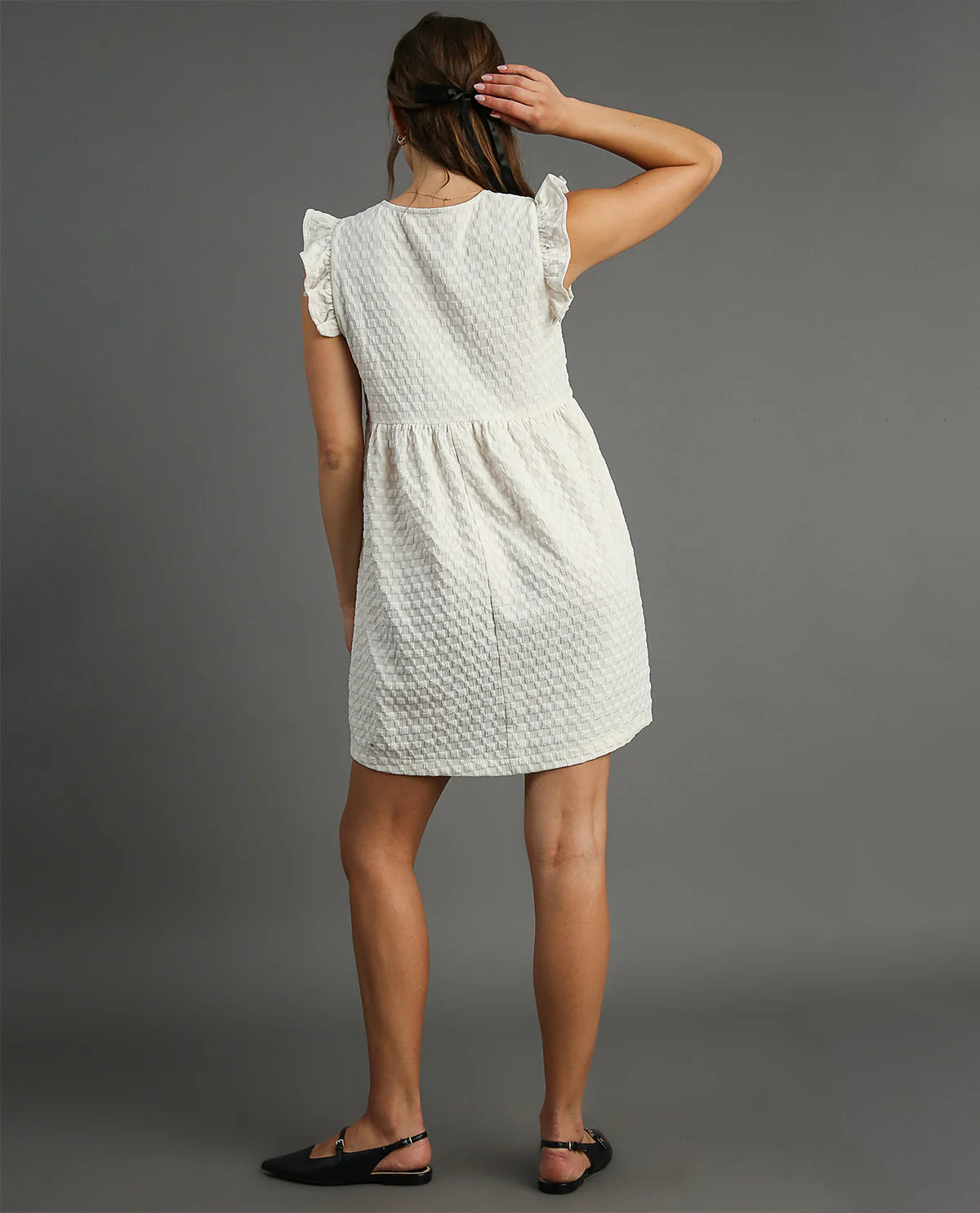 Jacquard V Neck Cream Baby Doll Dress