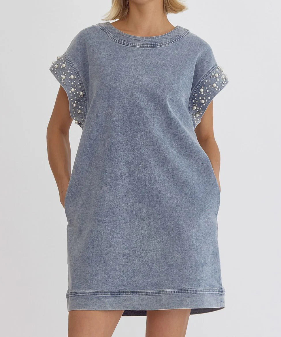 Pearl Sleeve Denim Dress