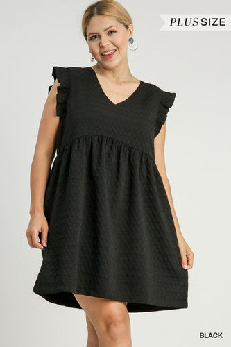 Umgee Jacquard V-Neck Babydoll Dress Black