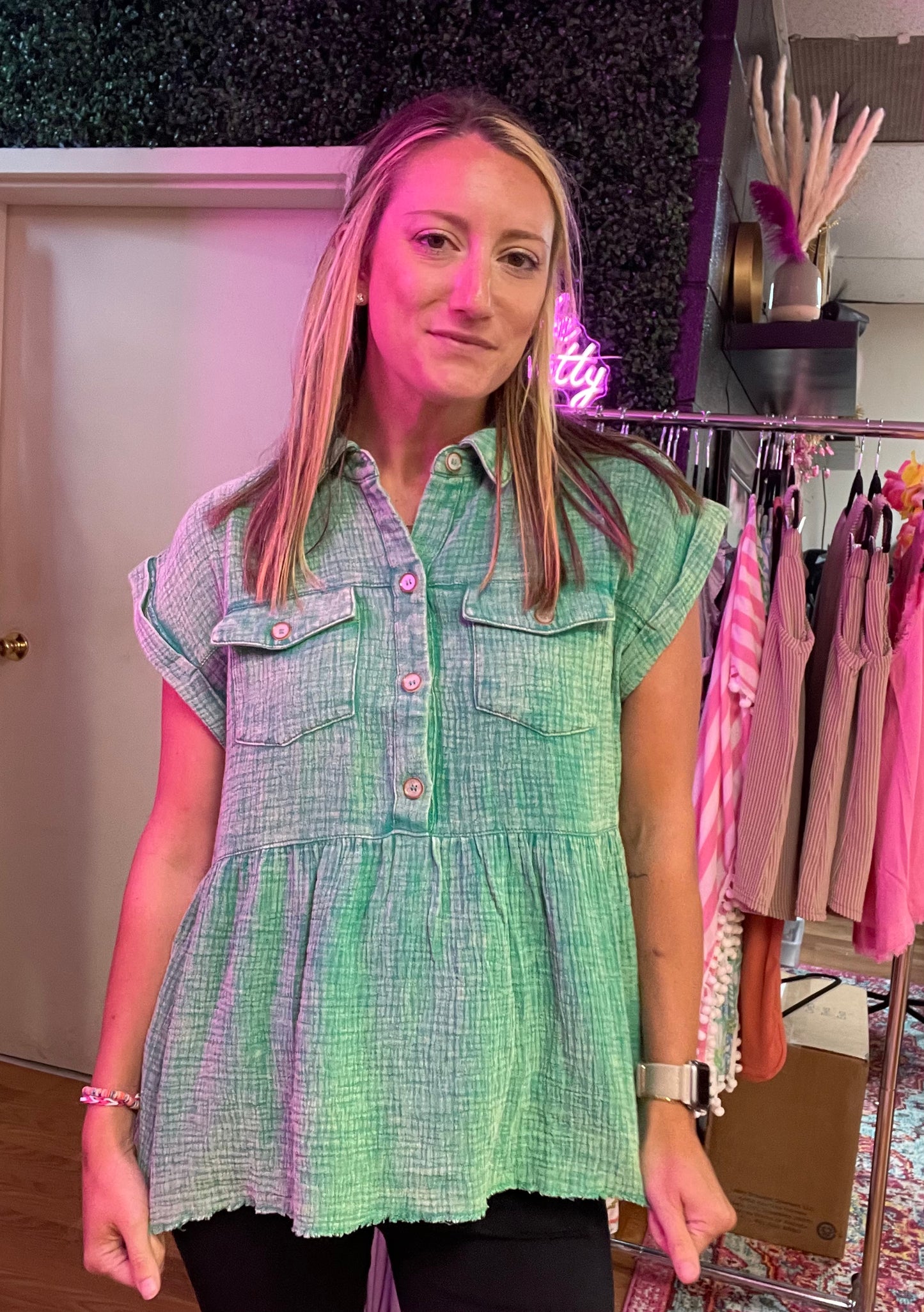 Umgee Button Down Green Washed Babydoll Top