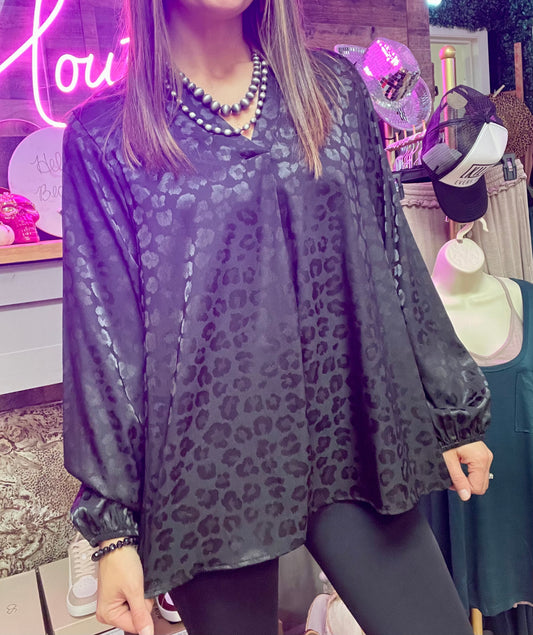 Black Leopard Silk Long Sleeve Top