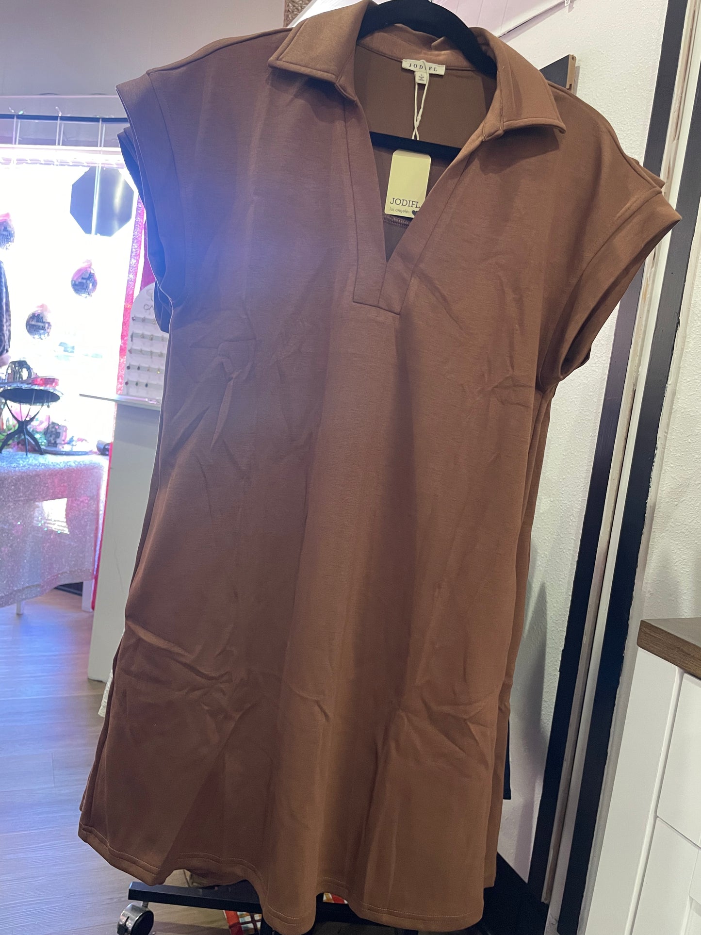 Mocha Brown Soft Collared Short Sleeve Dress