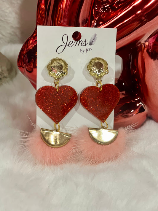 Red Glitter Heart Poof Earring