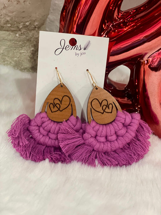 Macrame Double Heart Wooden Earring