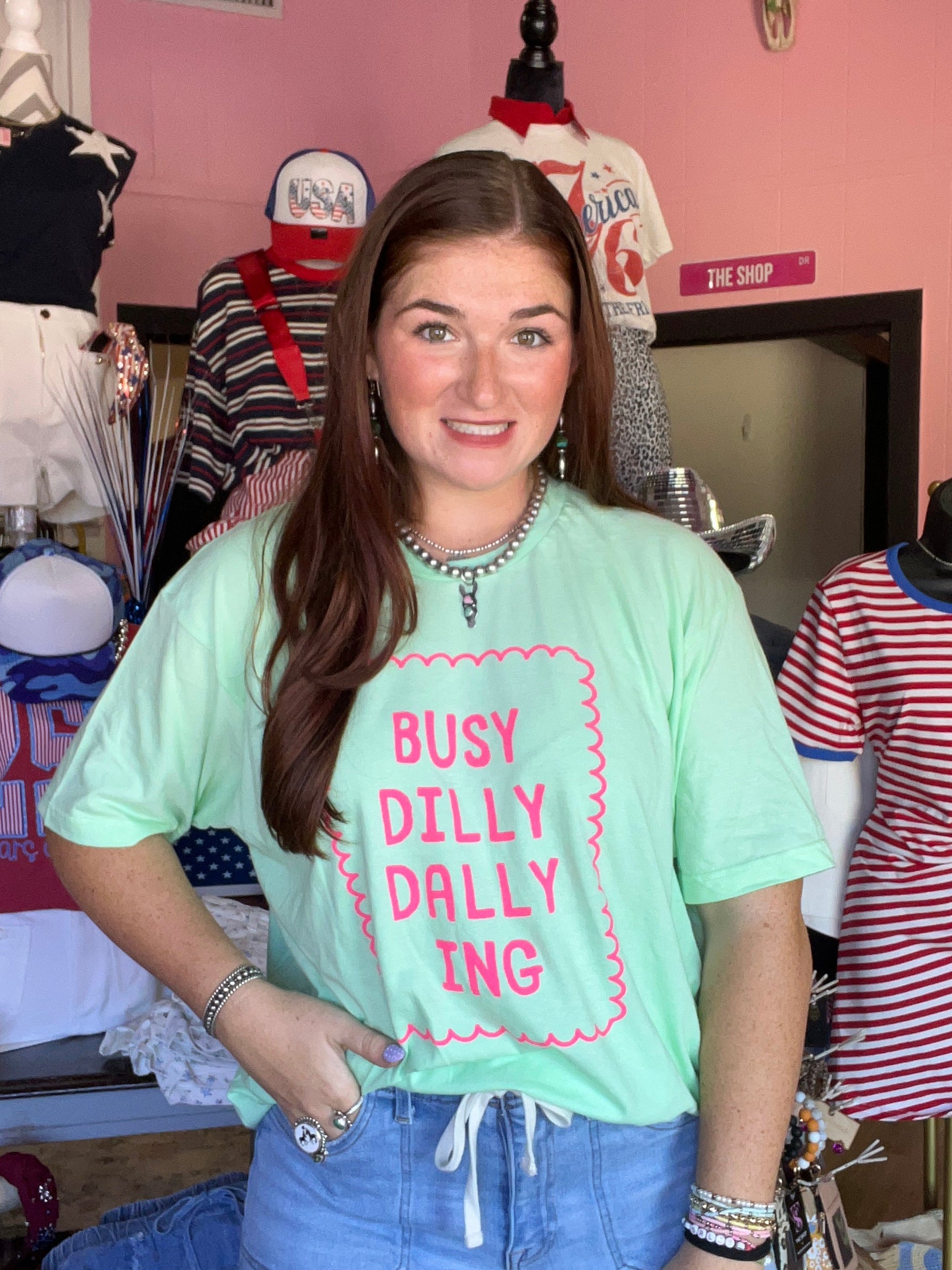 Busy Dilly Dallying Neon Green Tee