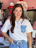 Denim Chest Pocket Patched Casual Short Sleeve Top