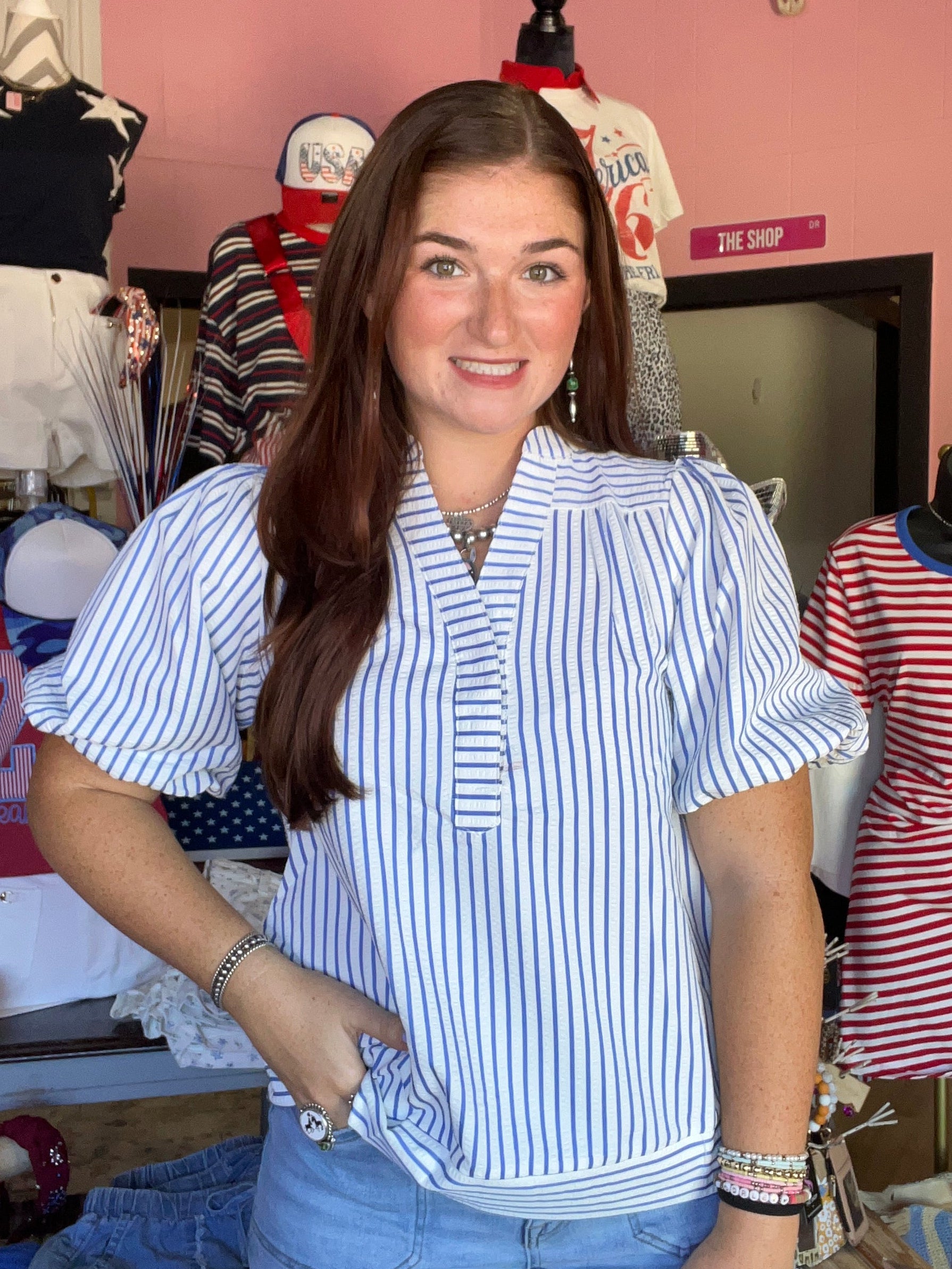 Bubble Sleeve Blue Striped Woven Top