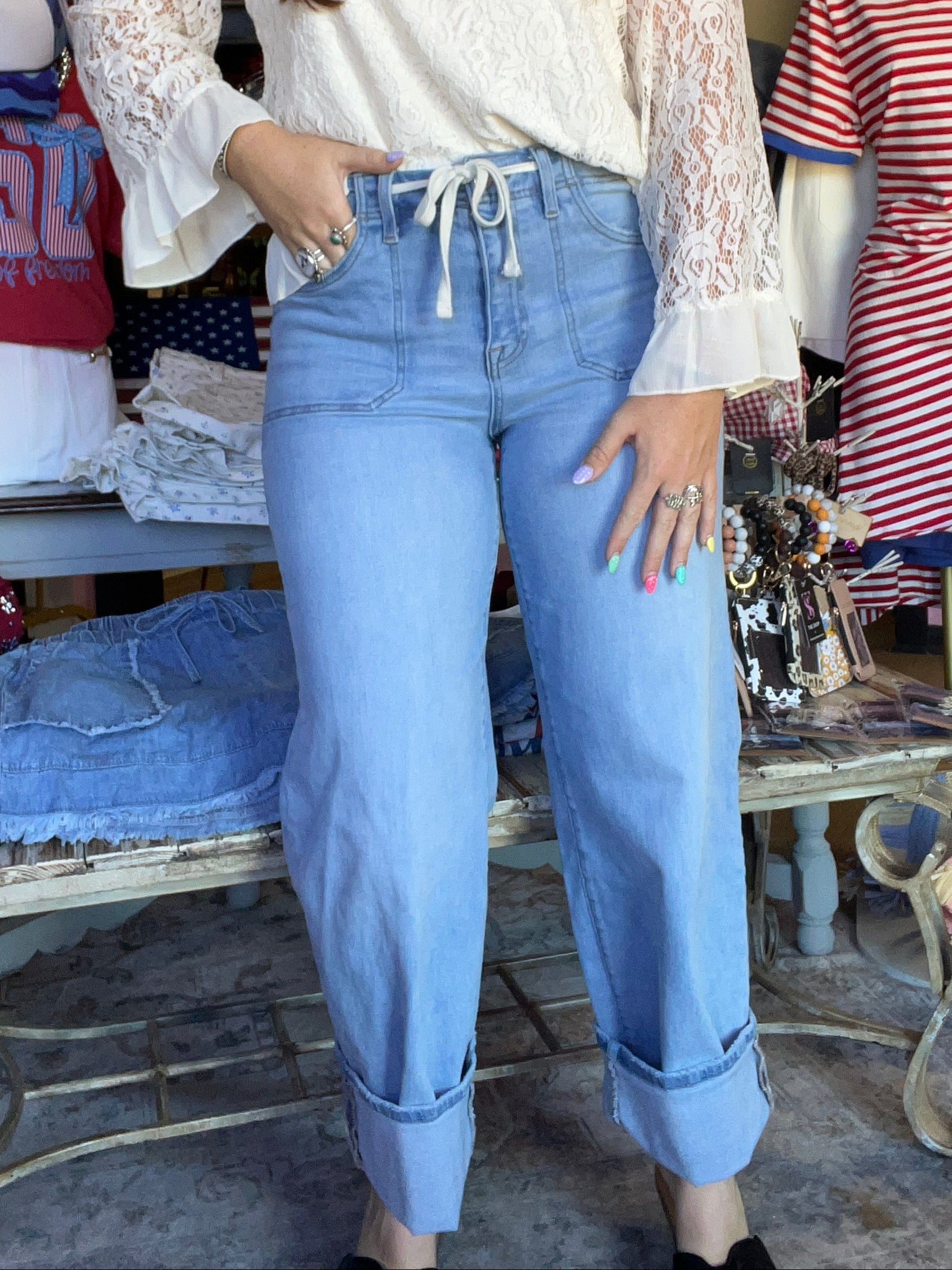 Risen High Rise Wide Baggy Jeans Waistband Tie Detail