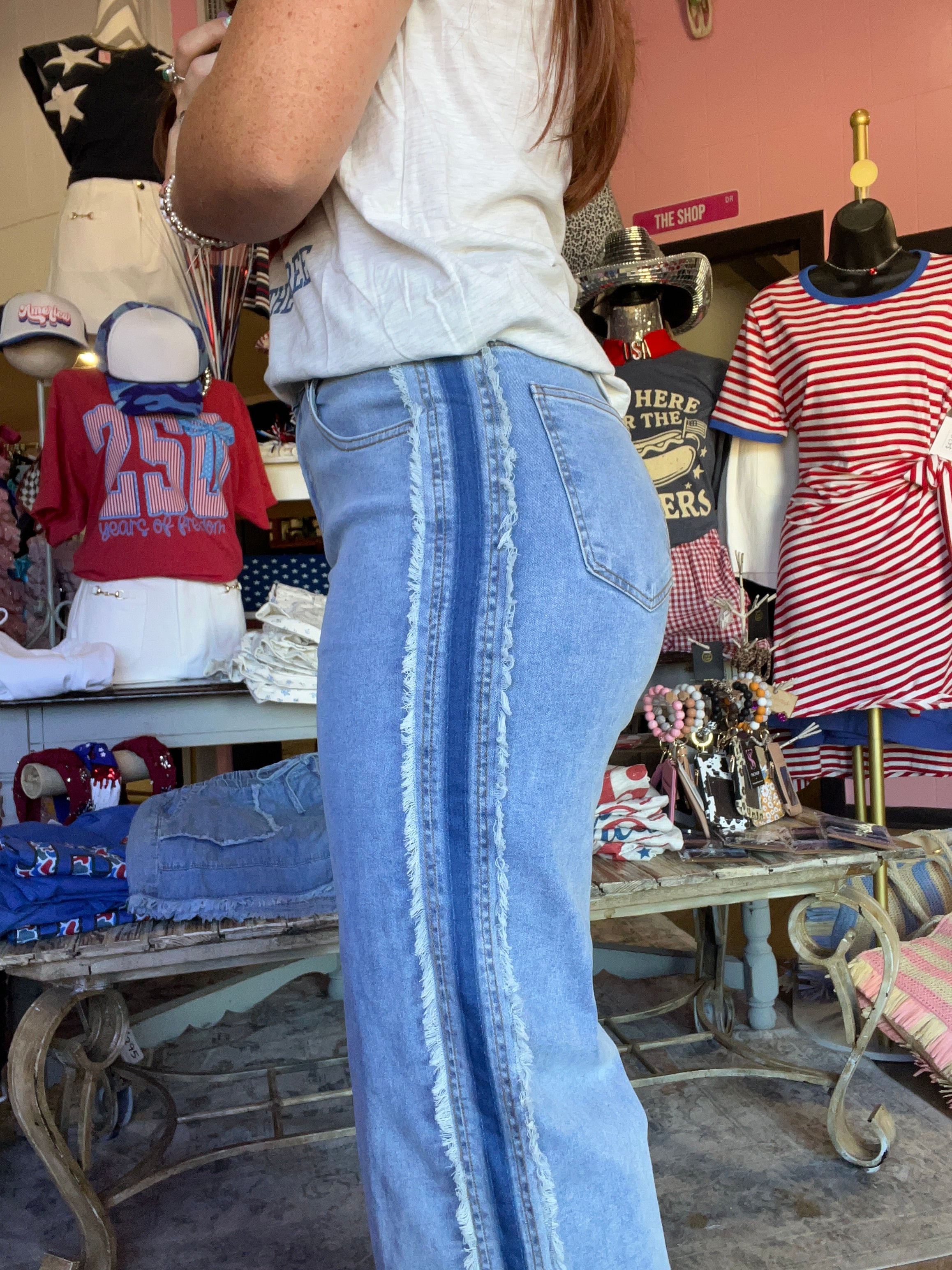 Contrast Stripe Frayed Side Panel Patchwork Shift Jeans
