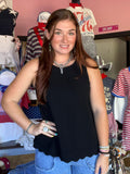 Linen Scallop Hem Sleeveless Black Top