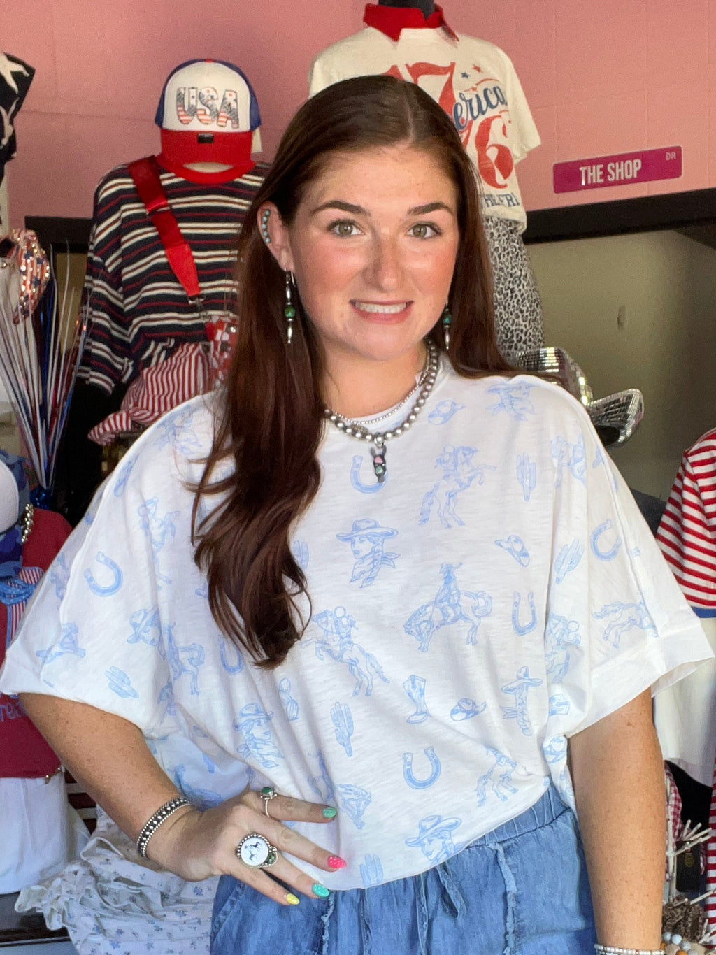 Dolman Sleeve Western Graphic Casual Knit Top
