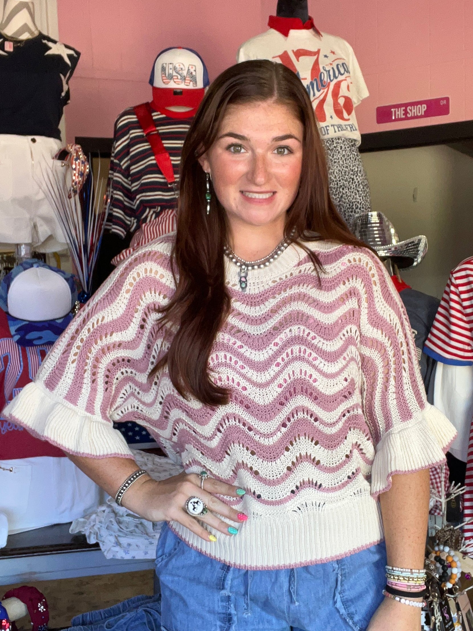 Wavy Crochet Eyelet Detail Ruffle Sleeve Top