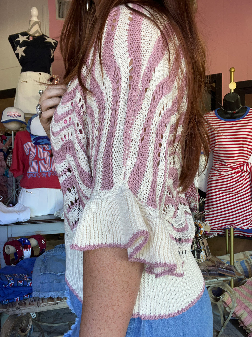 Wavy Crochet Eyelet Detail Ruffle Sleeve Top