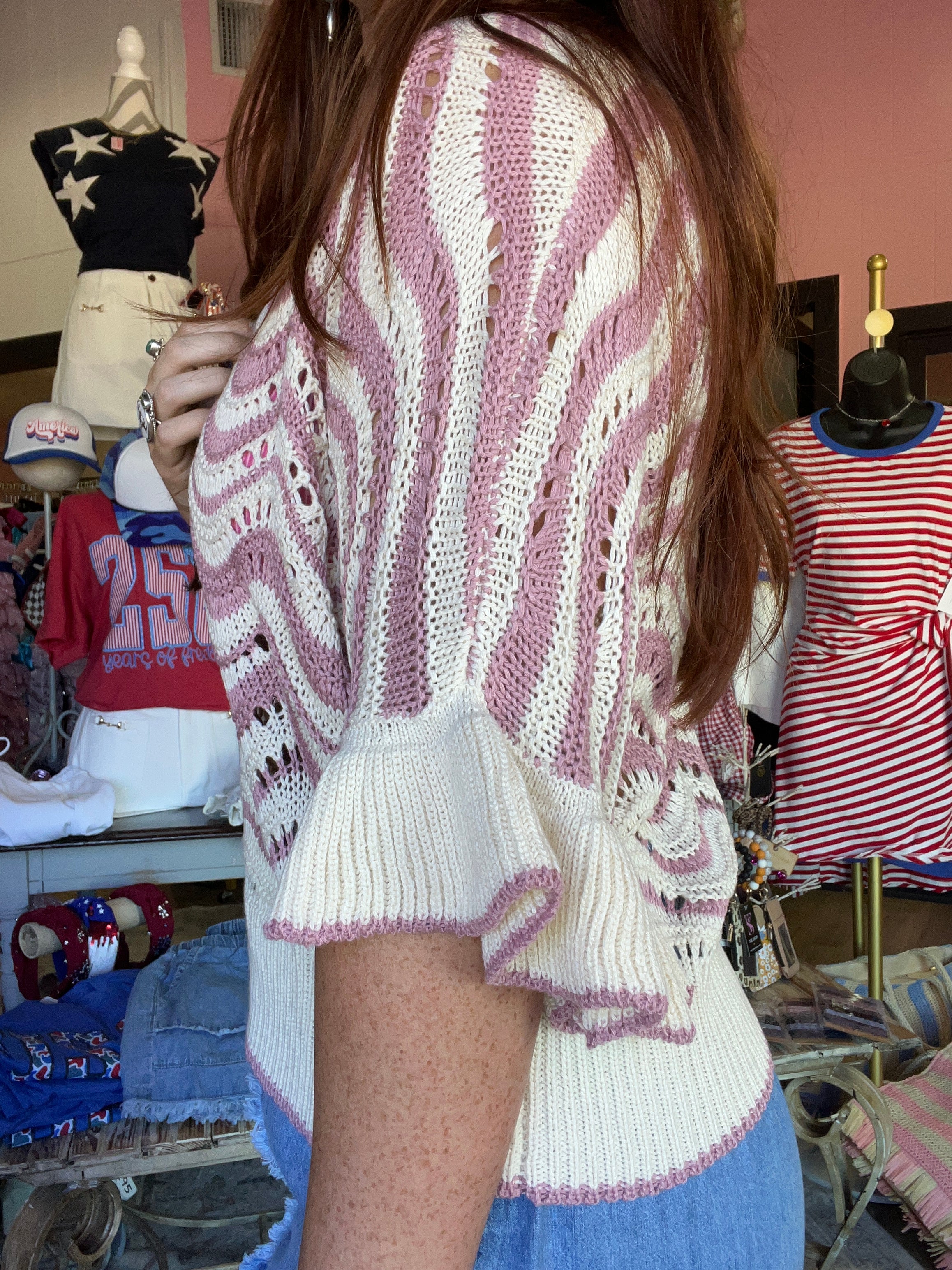 Wavy Crochet Eyelet Detail Ruffle Sleeve Top