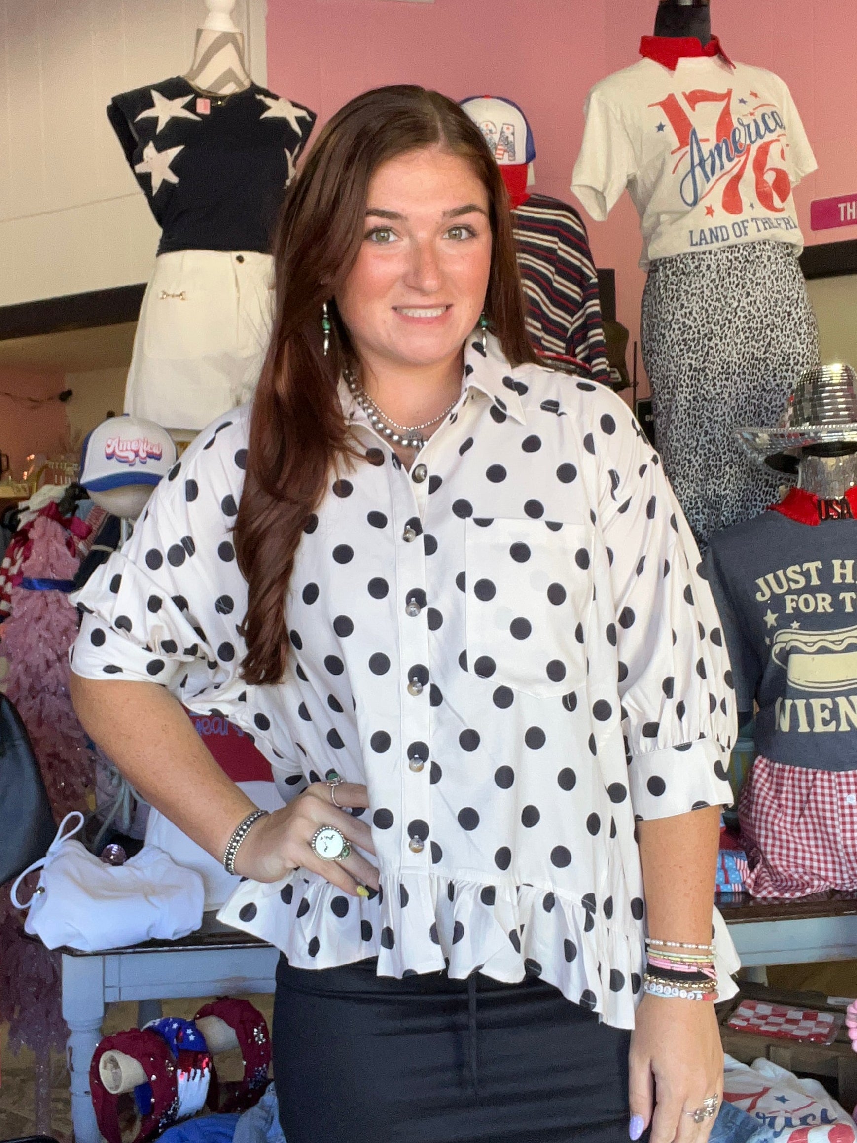 Collared Button Down Peplum Polka Dot Print