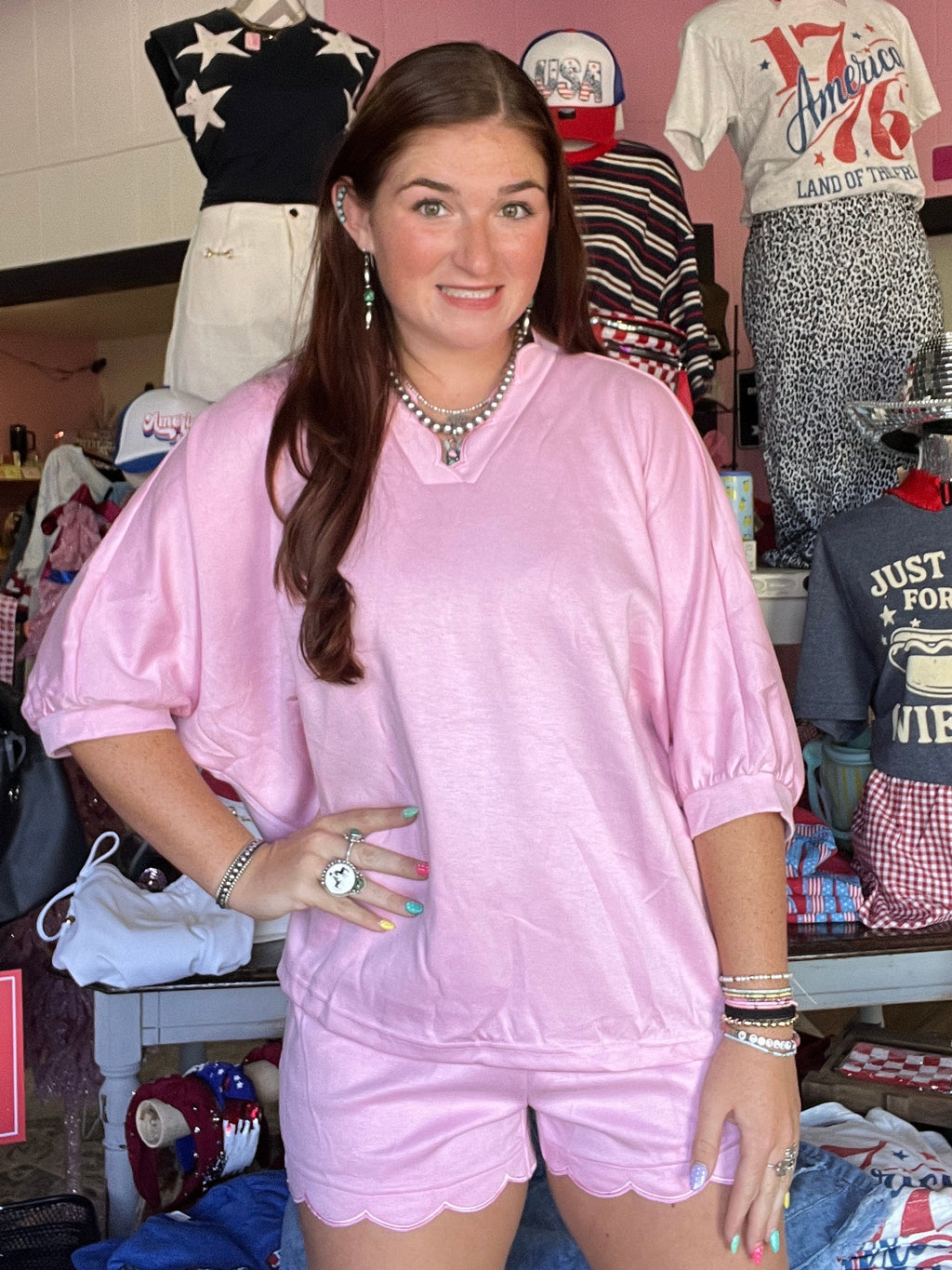 Scalloped V Neck Dolman Oversize Top Drawstring Short Set