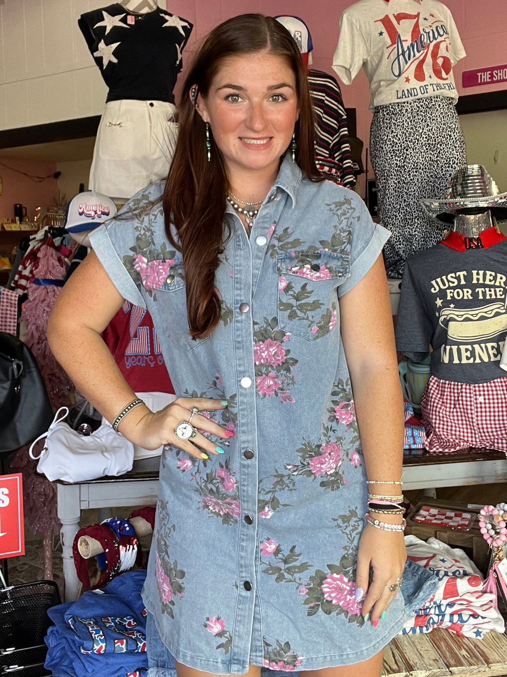 Floral Print Cuffed Short Sleeve Button Down Shift Dress