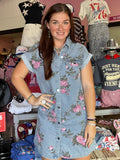 Floral Print Cuffed Short Sleeve Button Down Shift Dress