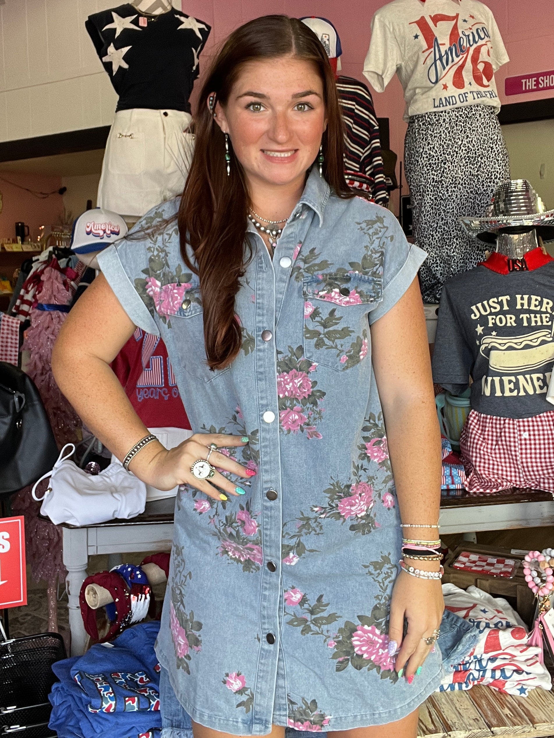 Floral Print Cuffed Short Sleeve Button Down Shift Dress