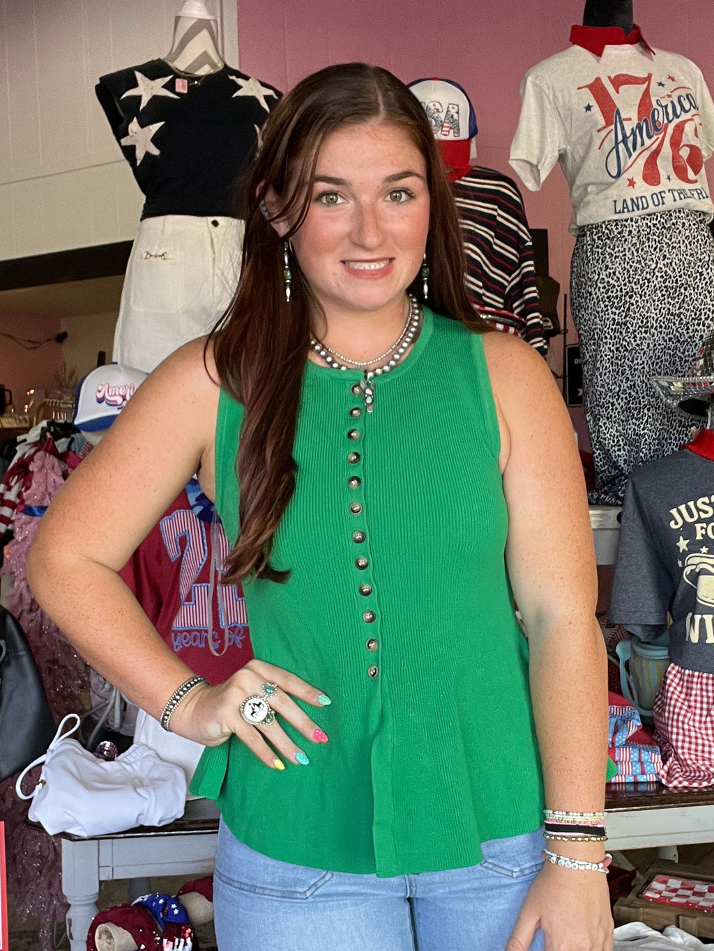 Solid Green Sleeveless Knit Front Button Top