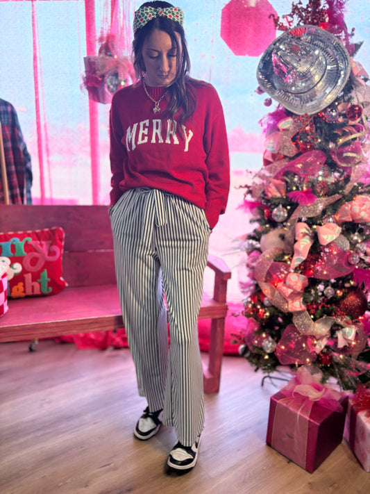 Merry Letter Pattern Christmas Holiday Baggy Red Sweater