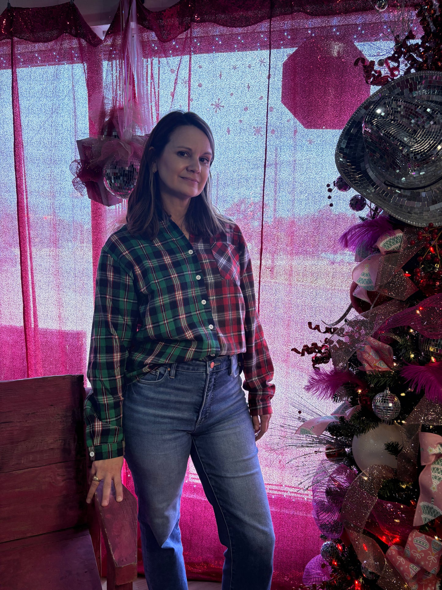 Christmas Color Block Plaid Button Shirt