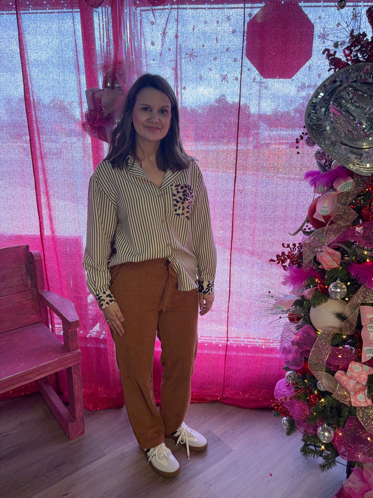 Chic Style Leopard & Striped Patchwork Shirt