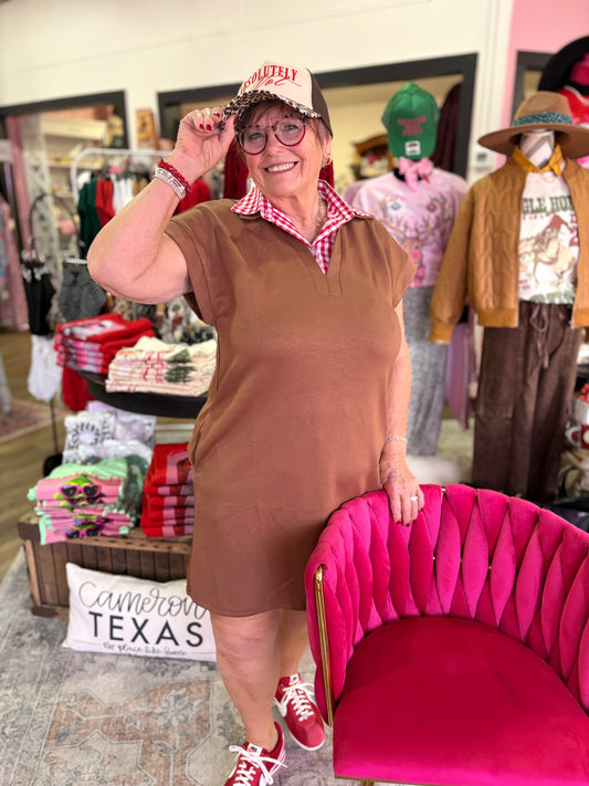 Mocha Brown Soft Collared Short Sleeve Dress