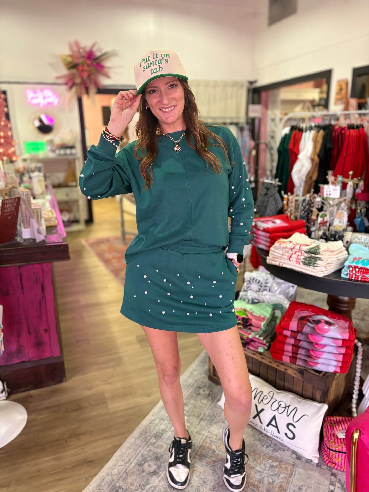 Dark Green Pearl Embellished Skort 2 Piece Set