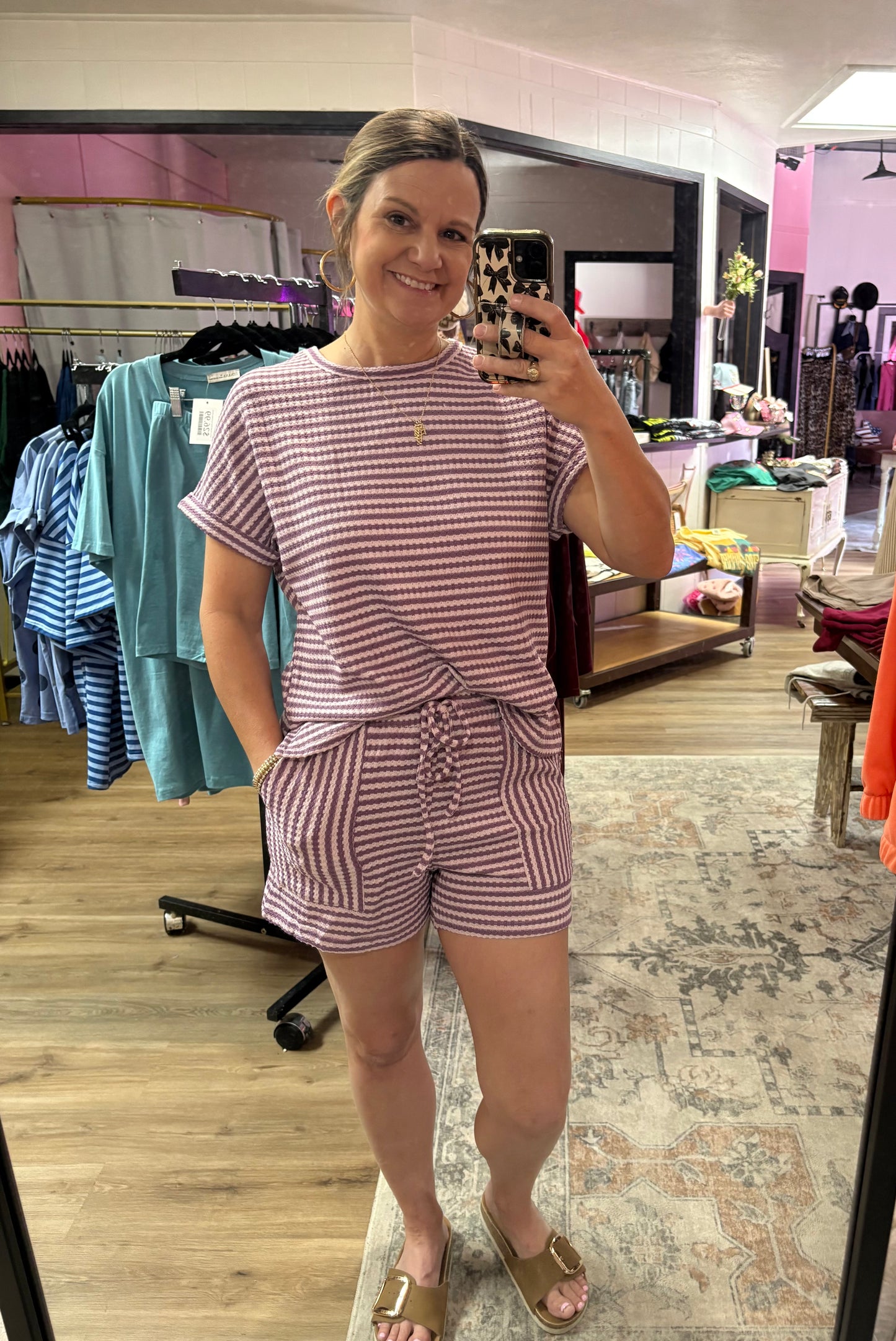 Striped Textured Knit Top & Short Set Purple
