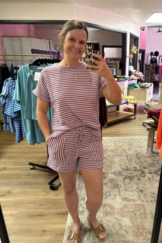 Striped Textured Knit Top & Short Set Purple