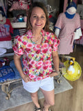 Spring Floral Frilled V Neck Puff Short Sleeve Blouse
