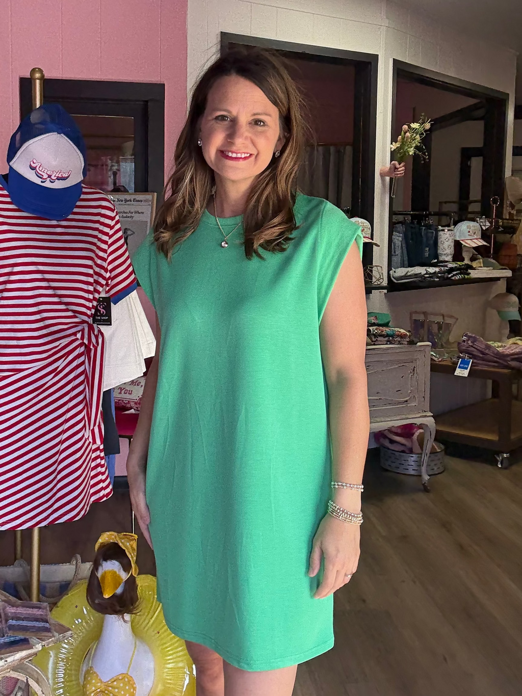 Solid Green Cap Sleeve Ribbed Crew Mini Dress